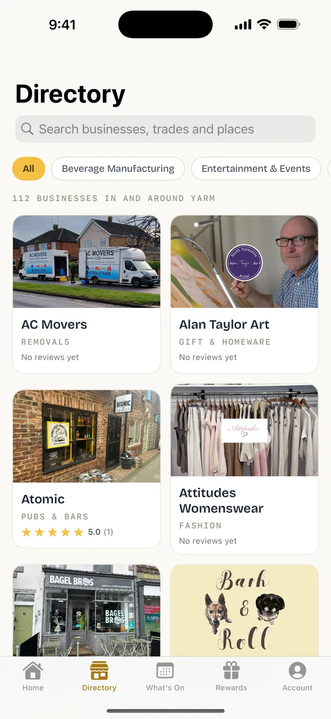 The Directory tab, listing Yarm businesses with photos, categories and star ratings.