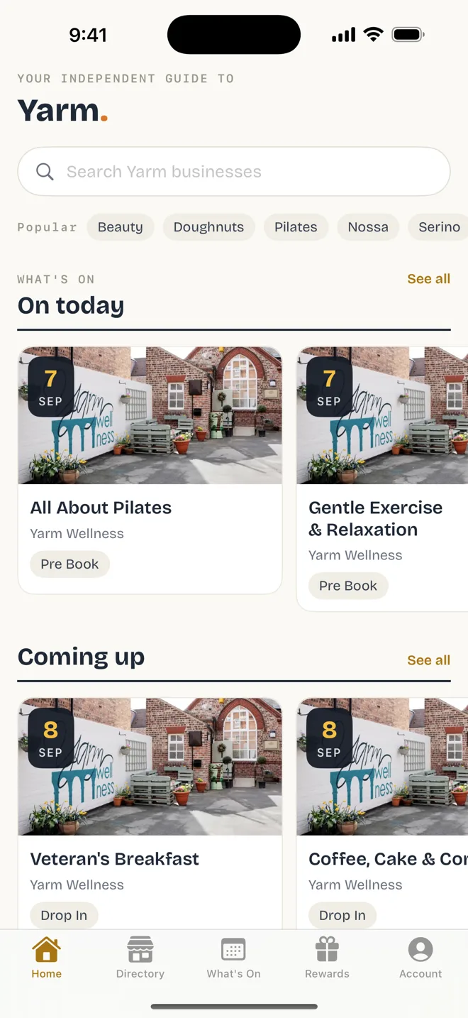 The app's home screen, showing a search box and What's On events happening today and coming up.