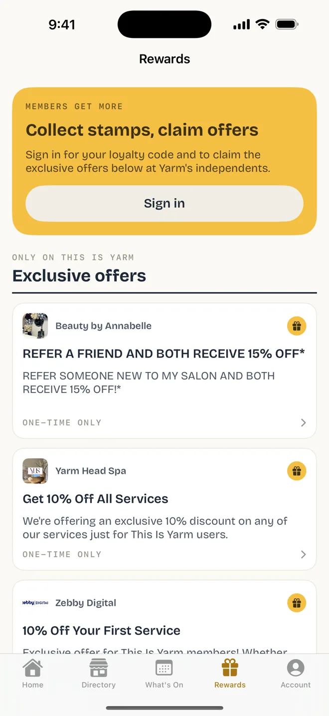 The Rewards tab, showing the loyalty sign-in panel and a list of exclusive offers.