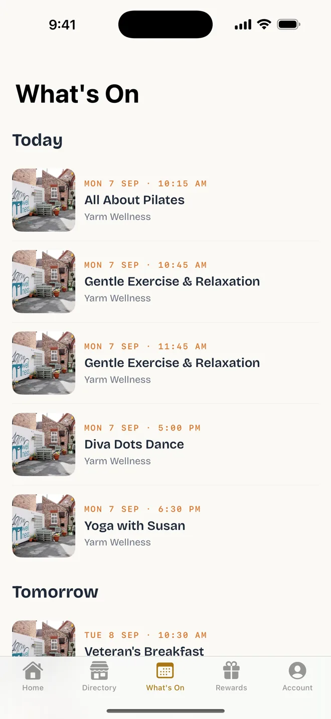 The What's On tab, listing events by day with times and venues.